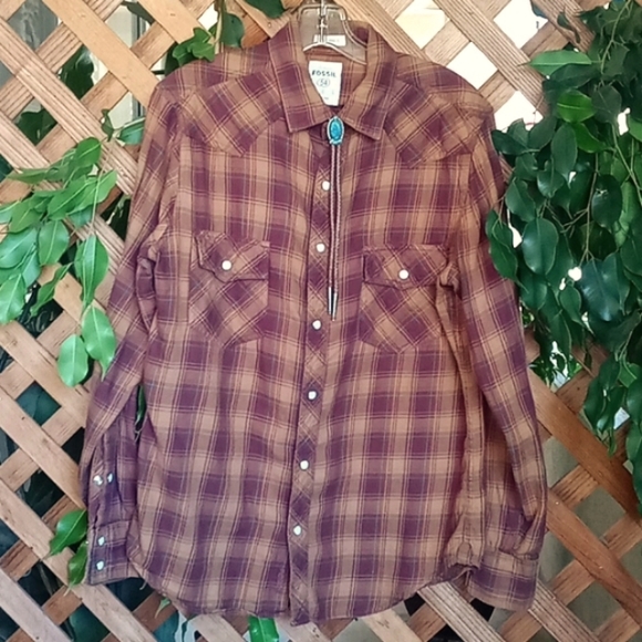 Fossil Western Shirt 100% Cotton Long Sleeve, Size S Plaid, Pearl Snaps Like New - Picture 2 of 9
